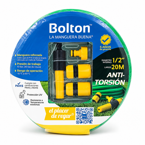 Kit de manguera Bolton con Accesorios 1/2" con Sistema Antitorsión - 20 Metros
