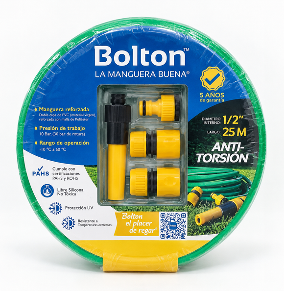 Kit de manguera Bolton con Accesorios 1/2" con Sistema Antitorsión - 25 Metros