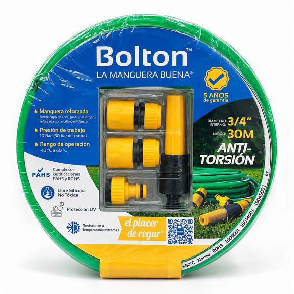 Kit de manguera Bolton con Accesorios 3/4 con Sistema Antitorsión - 30 Metros