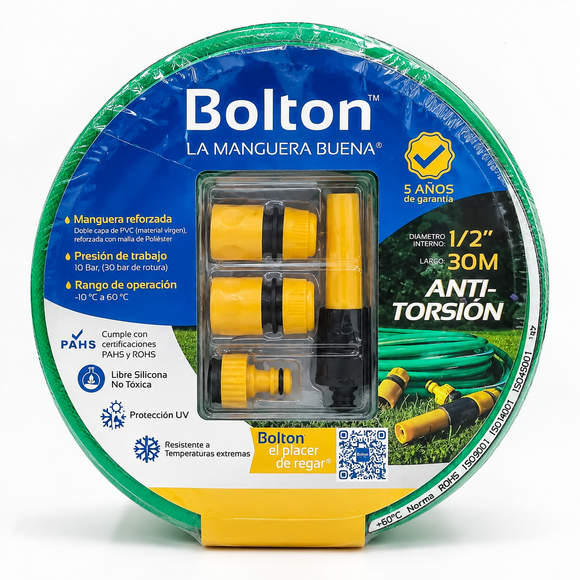 Kit de manguera Bolton con Accesorios 1/2" con Sistema Antitorsión - 30 Metros