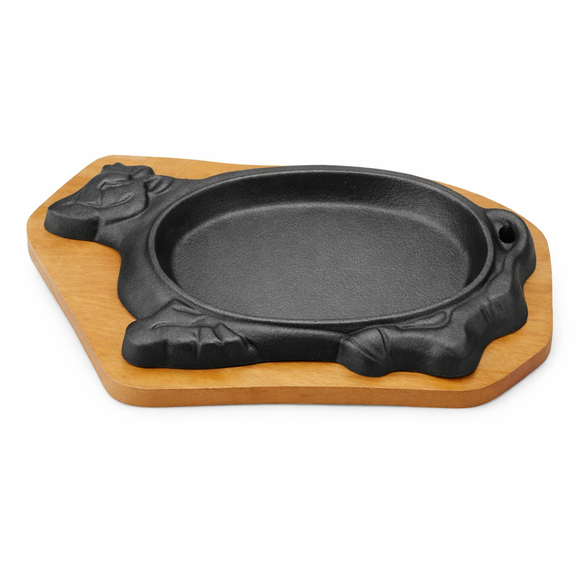 Plato fierro fundido base madera Vaquita 33 x 20 cms