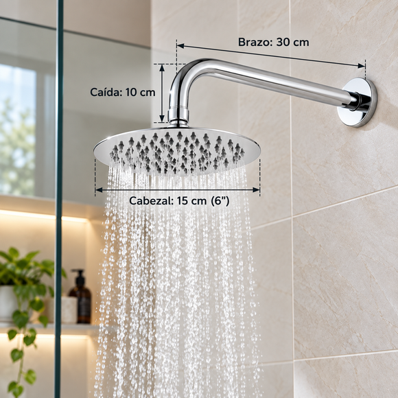 Cabezal de Ducha Redondo VOX 6" 15 cm con Brazo de Acero Inoxidable