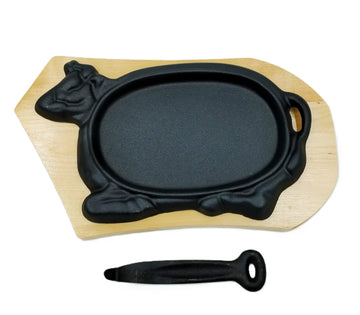 Plato fierro fundido base madera Vaquita 33 x 20 cms