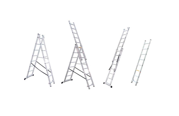 Escalera de aluminio, combinada 3 cuerpos de 9 peldaños, 3.84 - 5.70 mts. - 1