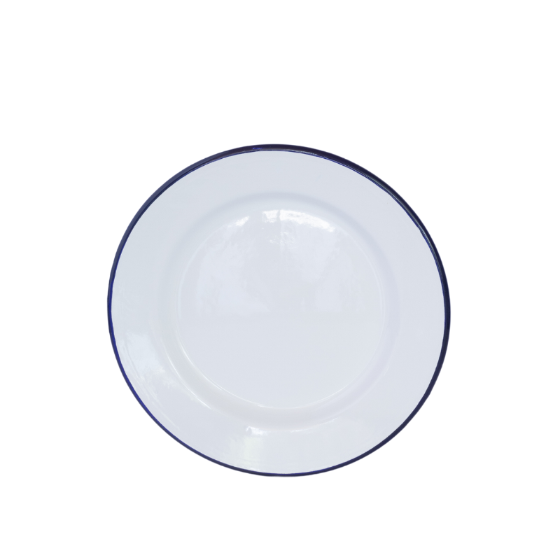 Plato enlozado bajo blanco borde azul 25.3 cm