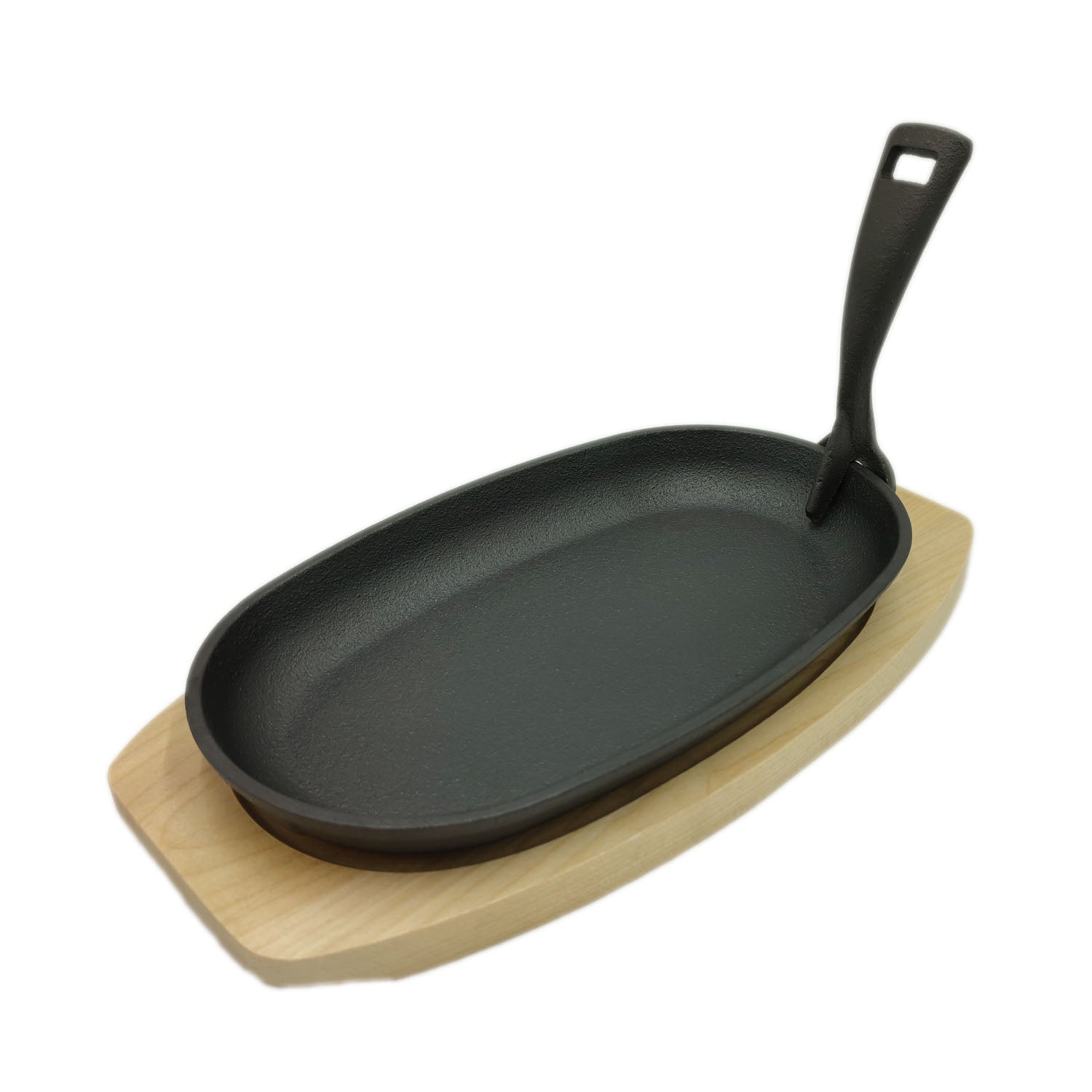 Plato Fierro Fundido oval con base de madera y mango 24 cm